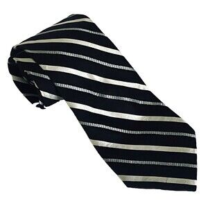 Hart Schaffner Marx Tie XL Repp Stripe Black Metallic Silver Preppy Academia